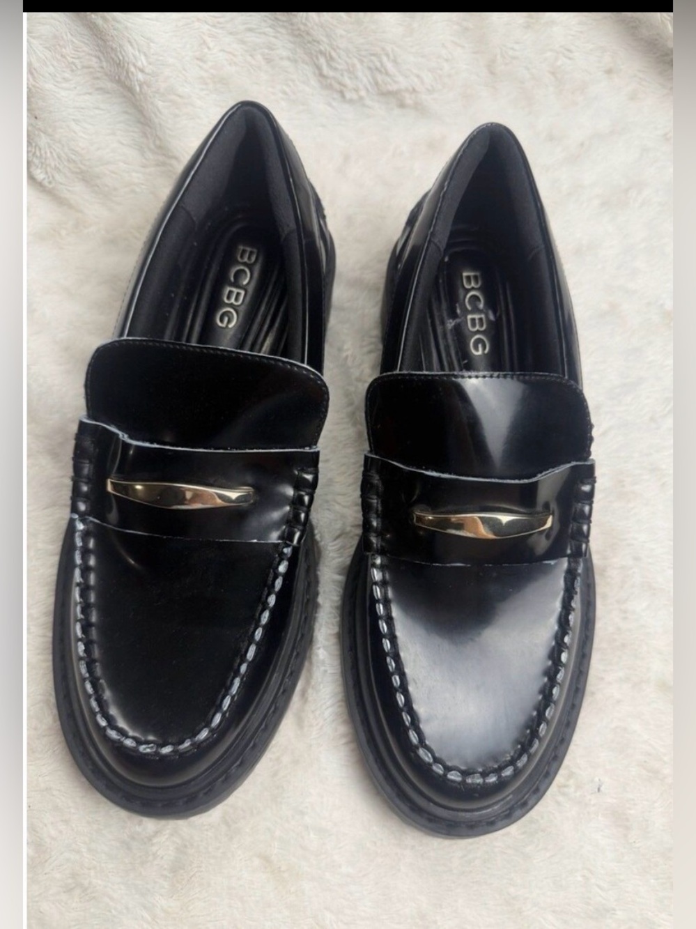 BCBG Black Patent Leather Laney Lug Penny Loafers with Gold Vamp Buckle Preppy - Picture 2 of 16